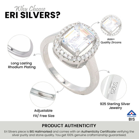925 Silver Oval Shape Emerald Cut Center Stone Diamond Ring