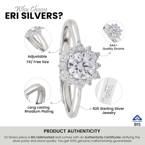Silver Solitaire Flower  Diamond Ring for Women