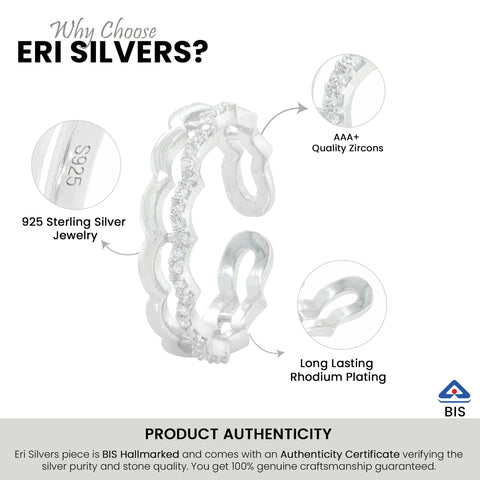 925 Sterling Silver Scalloped Adjustable CZ Ring for Women