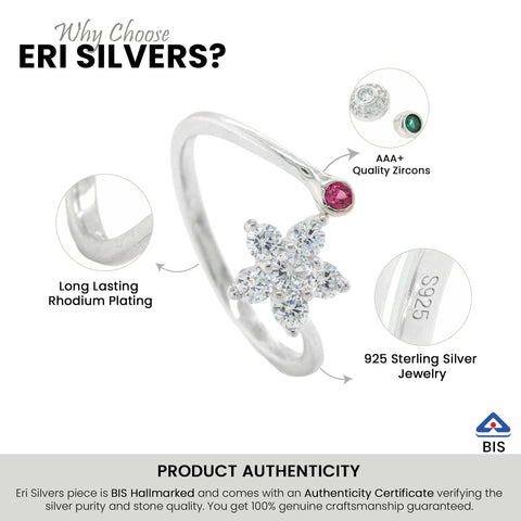 925 Pure Silver  Flower  Adjustable Women Rings
