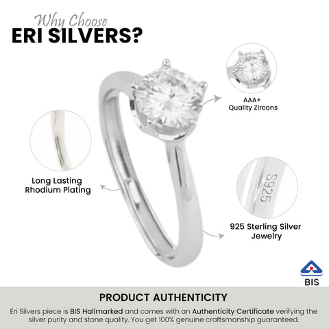 Silver Solitaire  Ring With Adjustable Size