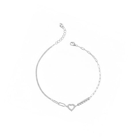 Silver Heart Charm Beaded Anklet for Women