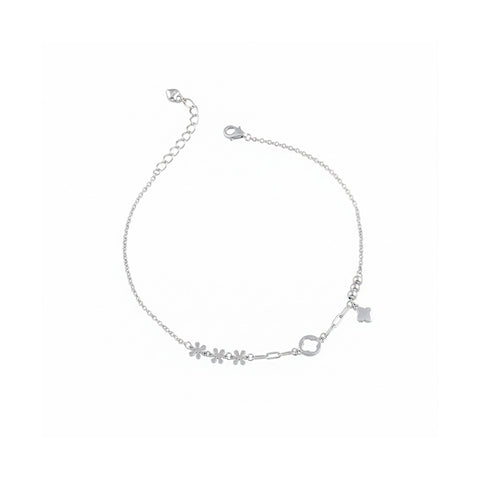 Floral Charm Silver Anklet for Women