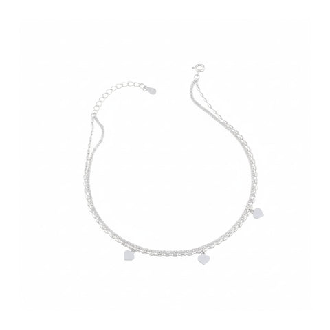 Silver Double Layer Heart Charm Beaded Anklet for Women