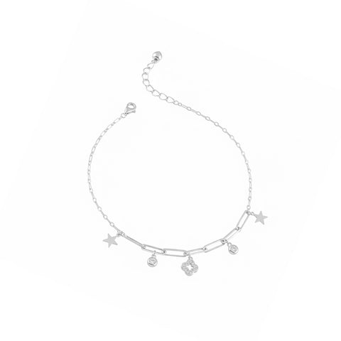 925 Sterling Silver Star & Floral Charm Anklet for Women
