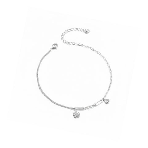 925 Sterling Silver Floral & Solitaire Charm Anklet for Women