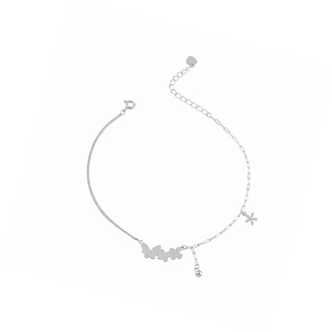 925 Sterling Silver Butterfly & Flower Charm Anklet for Women