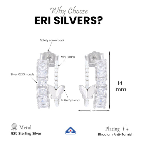 Silver Butterfly Hoop Earrings with CZ Diamonds & Mini Pearls