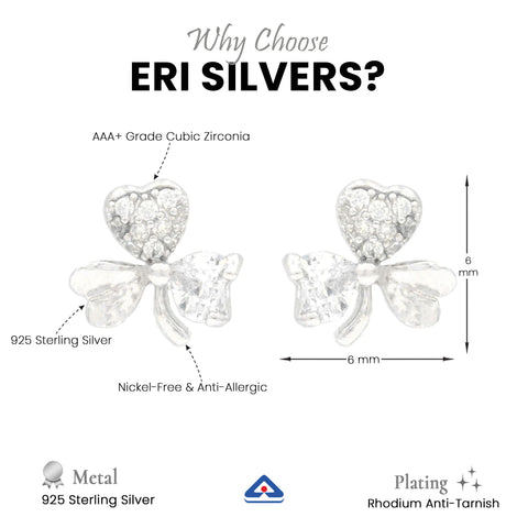925 Sterling Silver Heart & Clover CZ Stud Earrings for Women