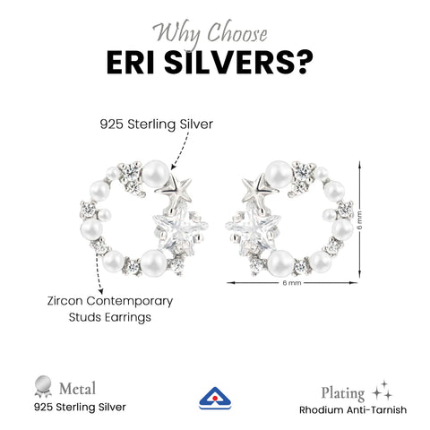  Star & Pearl 925 Sterling Silver Circle Zircon Contemporary Studs Earrings