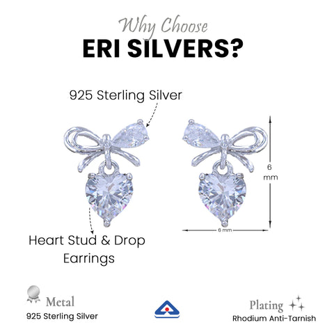 Cubic Zirconia Bow With Heart Stud & Drop Earrings
