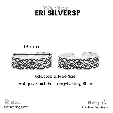 925 Sterling Silver Oxidized Wave Pattern Adjustable Toe Rings for Women