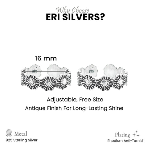 925 Sterling Silver  Oxidized Floral Toe Ring for Women