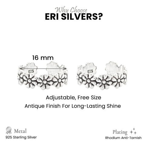925 Sterling Silver Adjustable Oxidized Flower Toe Ring for Women