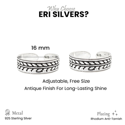 925 Sterling Silver Leaf Pattern Toe Ring – Adjustable Oxidized Silver Toe Ring for Women
