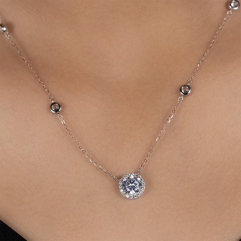 Silver round stone diamond pendant with chain
