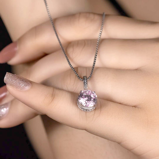 Silver round shape pink sapphire diamond pendant with chain
