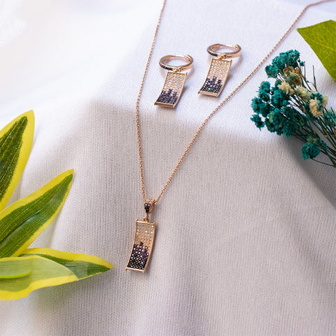 Rose gold square shape multi diamonds necklace with earrings set