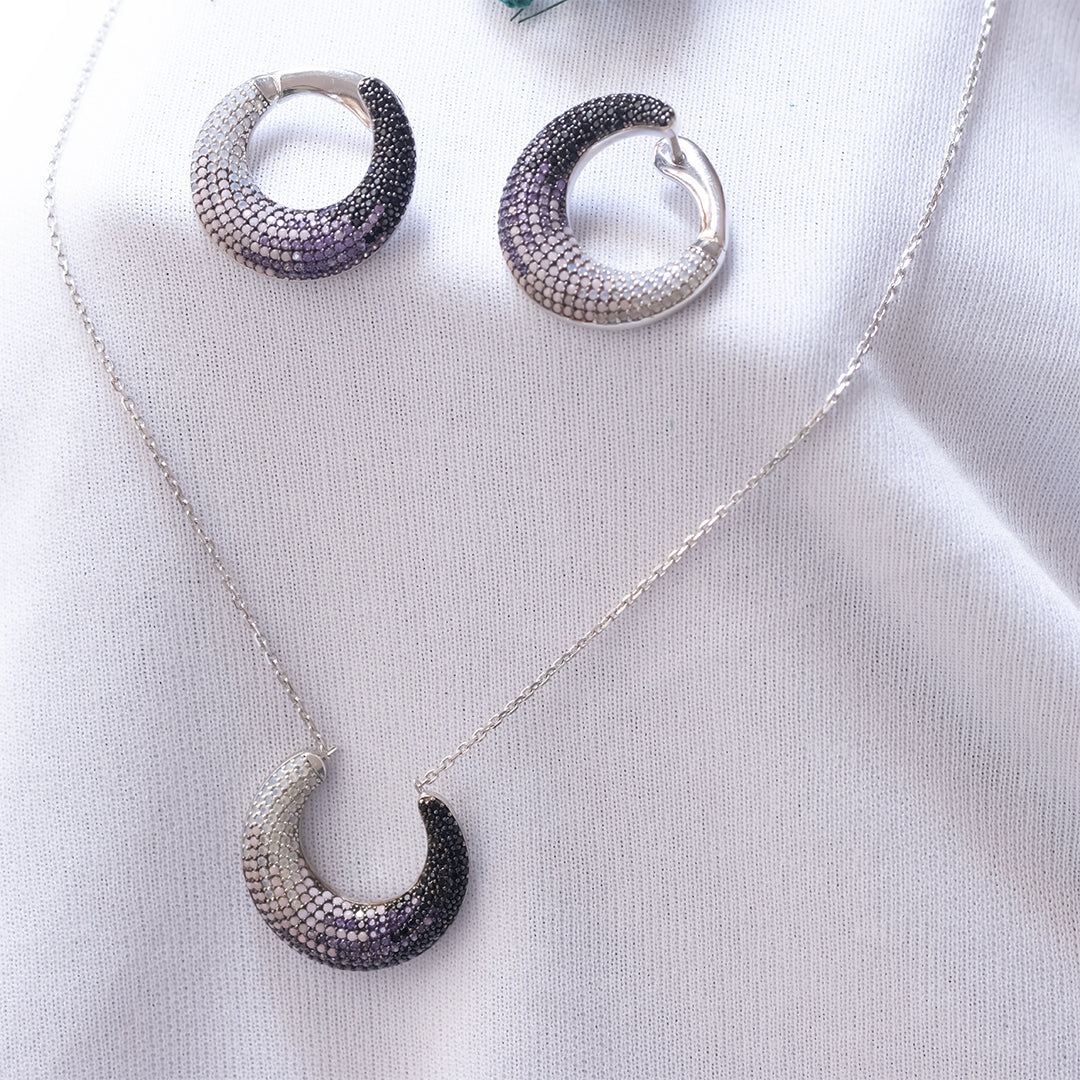 Silver multi color diamond crescent necklace with earrings set