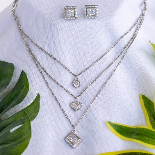 Silver three layered heart with square shape necklace with earring
