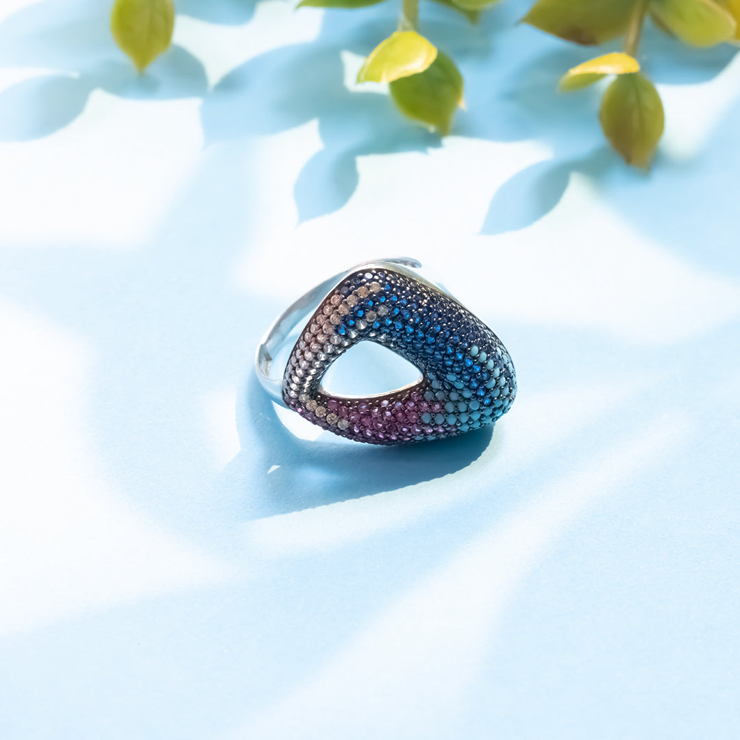 Silver Tringle Multi Color Diamond Ring