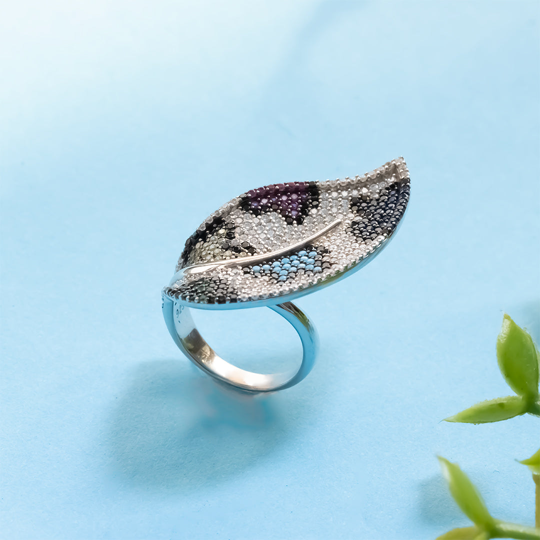 Silver leaf rainbow diamonds ring