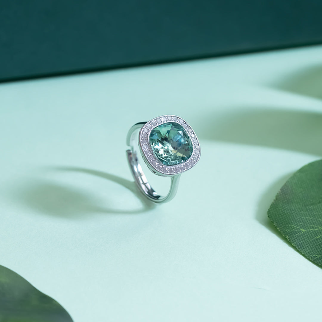 Green gemstone silver diamond ring