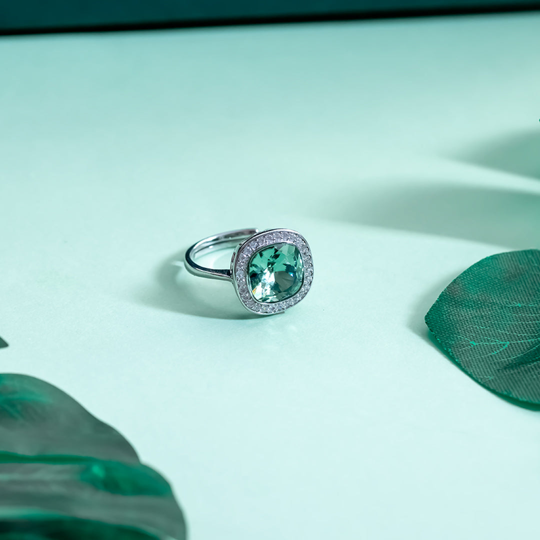 Green gemstone silver diamond ring