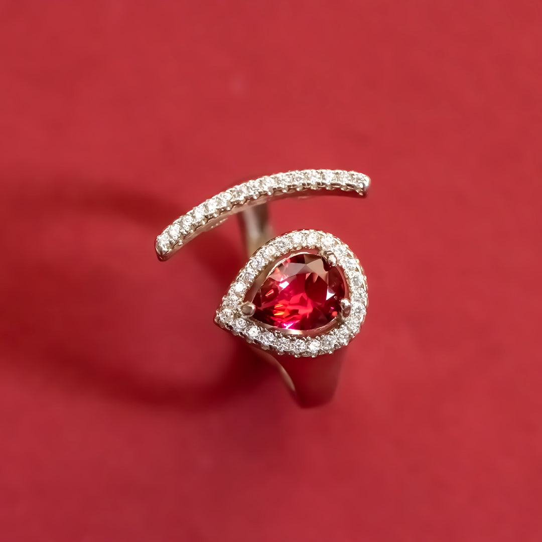 Silver pear shape rad ruby adjustable diamond ring