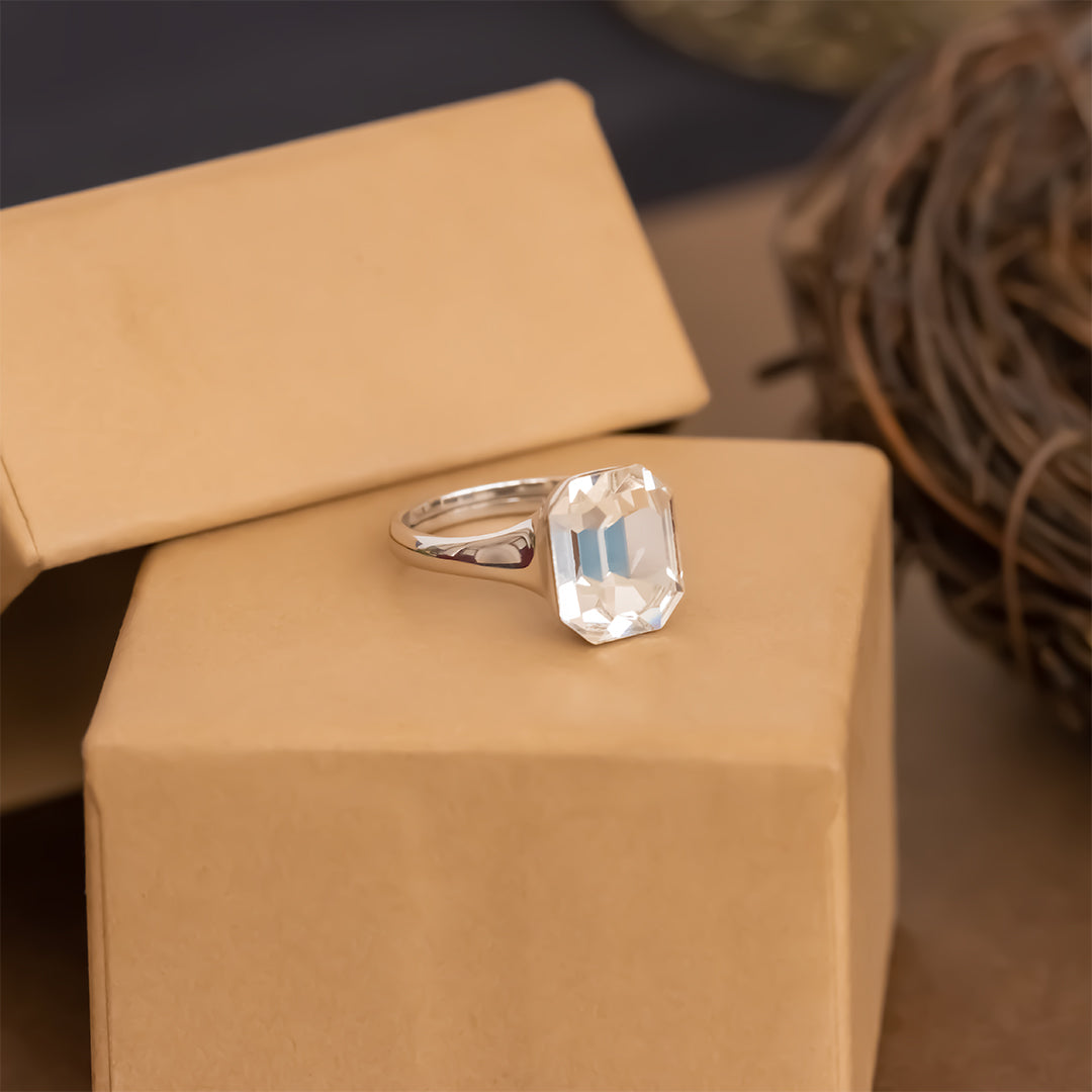 Emerald cut silver square diamond ring