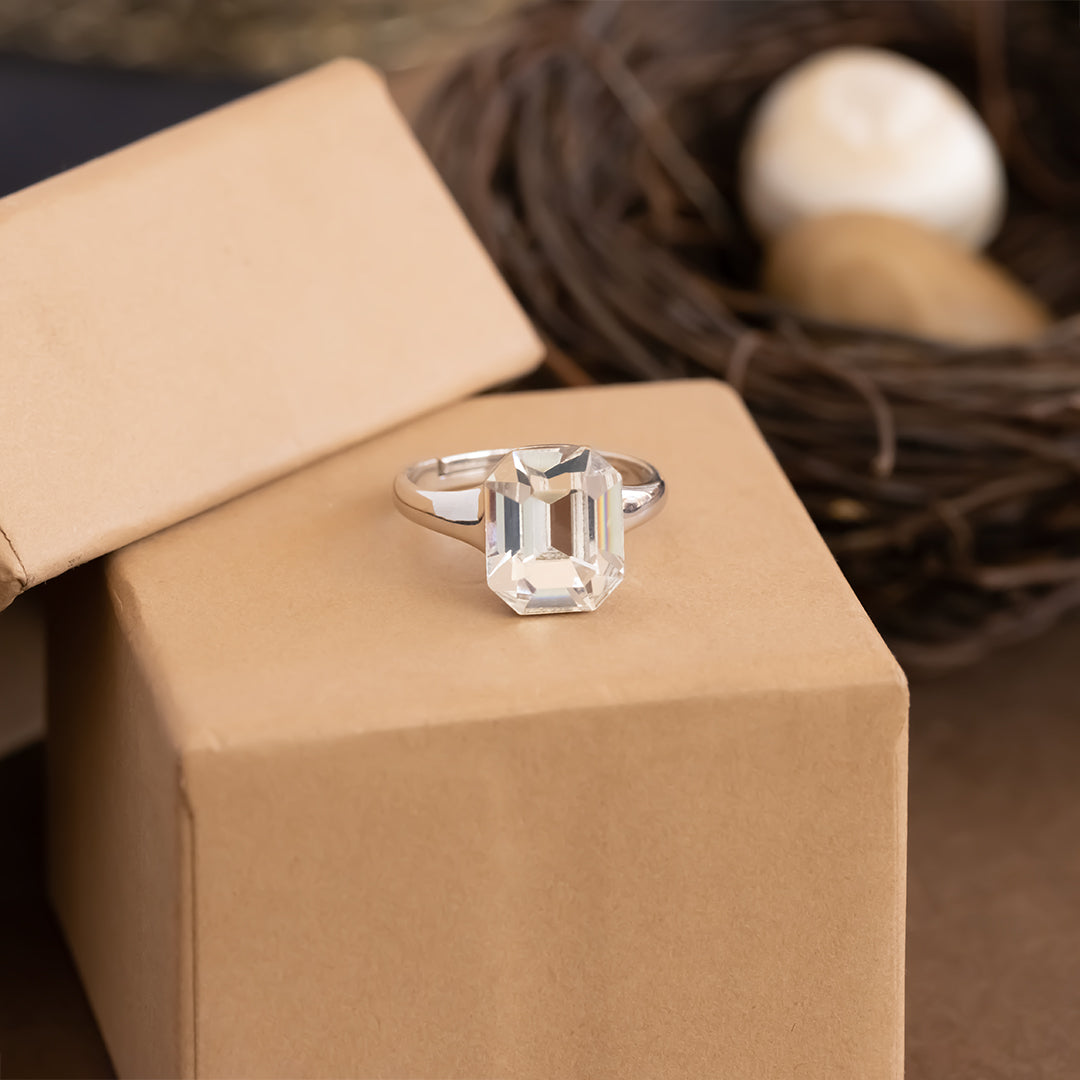 Emerald cut silver square diamond ring
