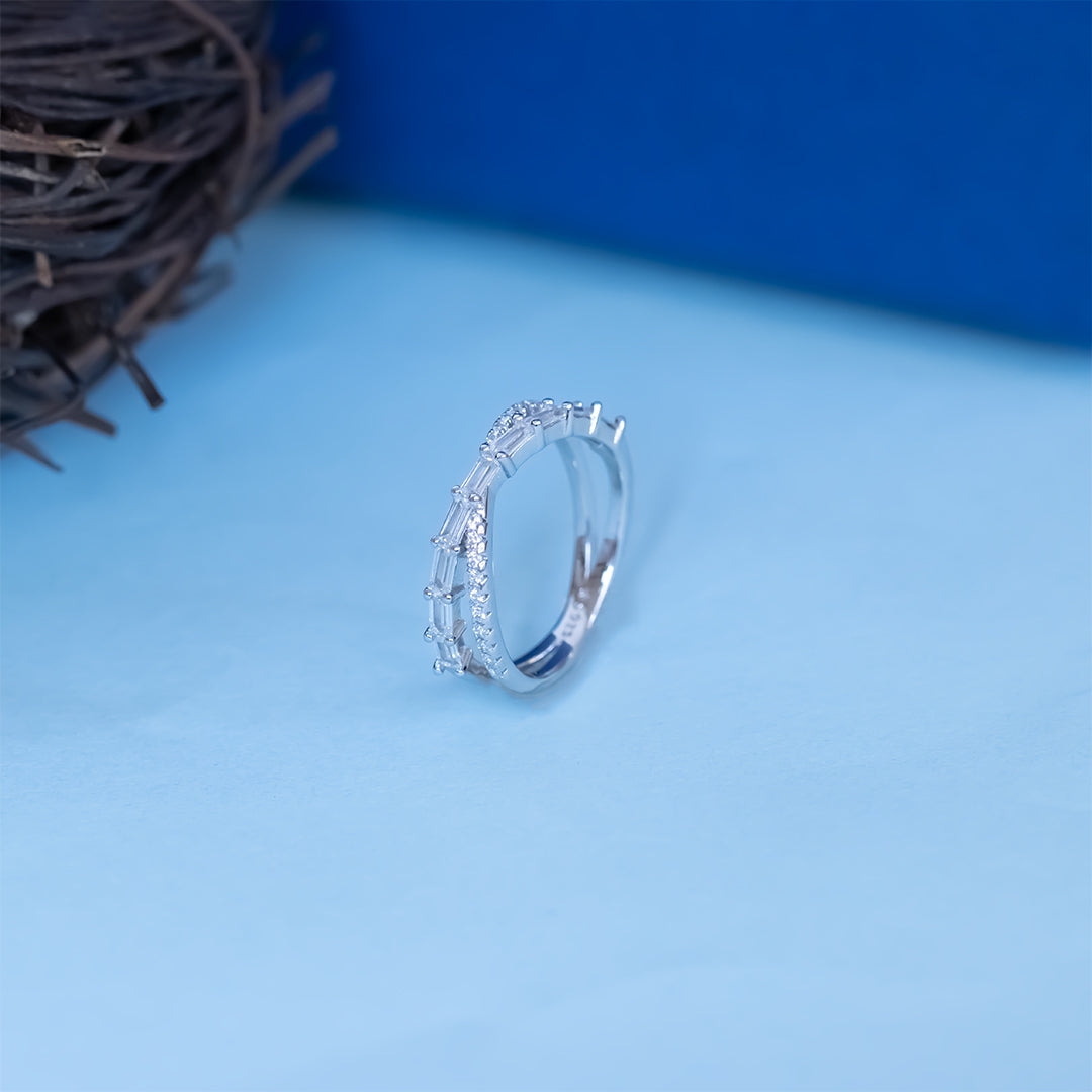 Two lines cross silver diamond ring