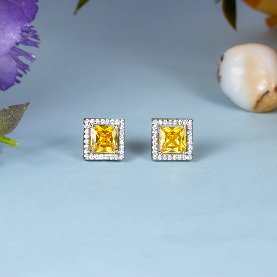 Silver yellow sapphire square diamond earring