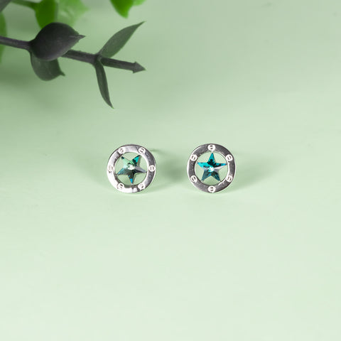 Silver blue sapphire star with round stud earring