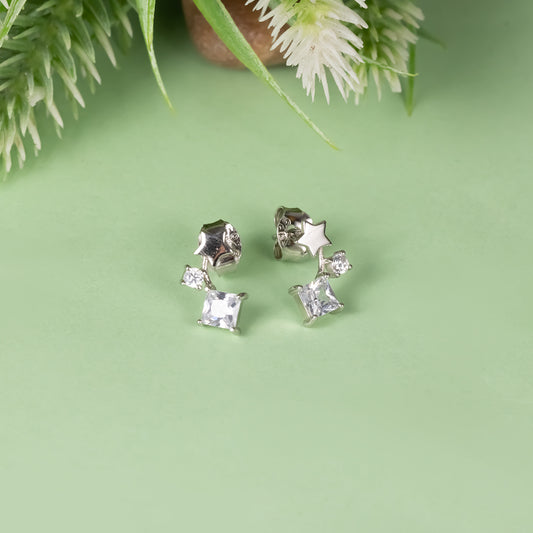 Star With Hanging Double Square Silver Earrings