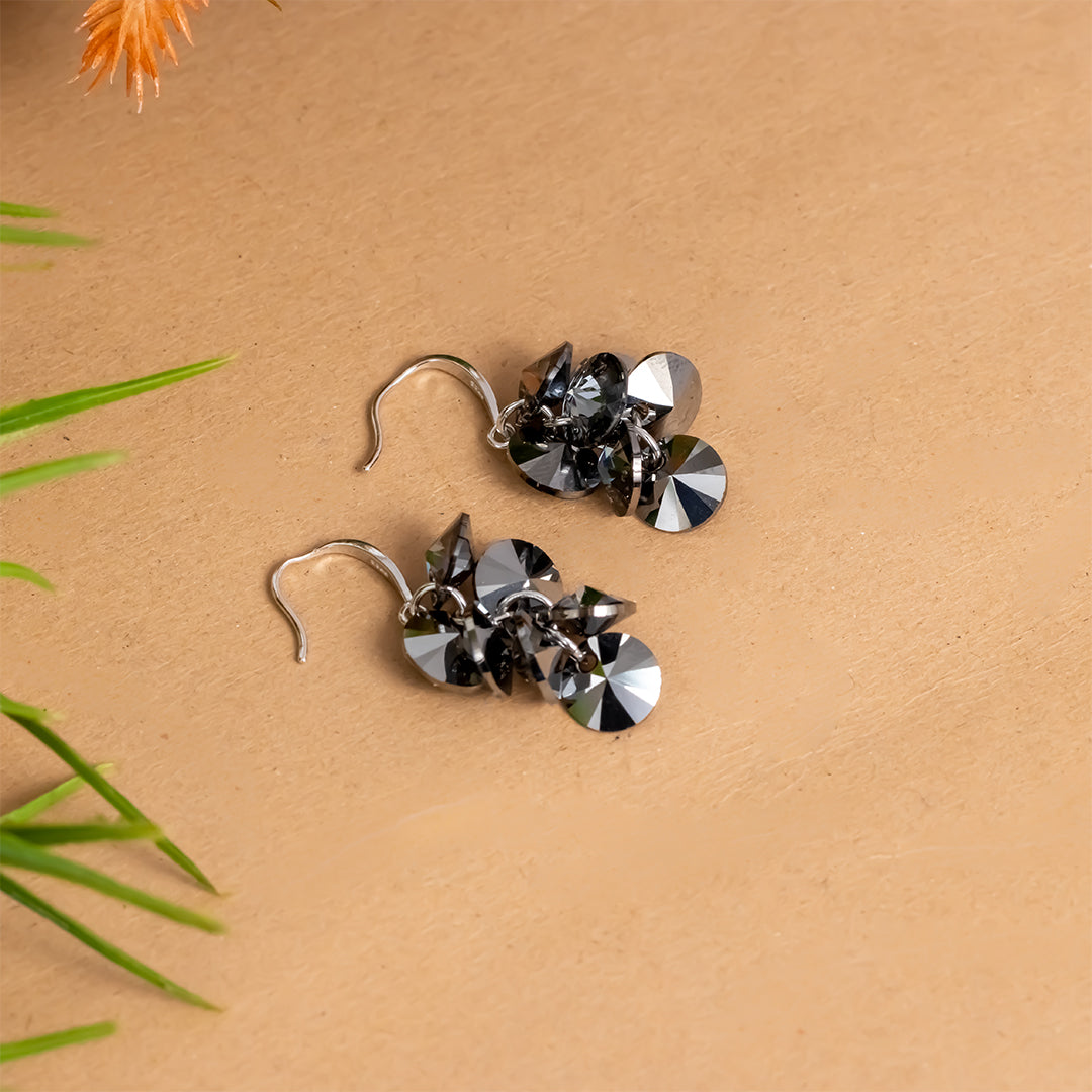 Silver black shining grapevine multi crystals drop earring