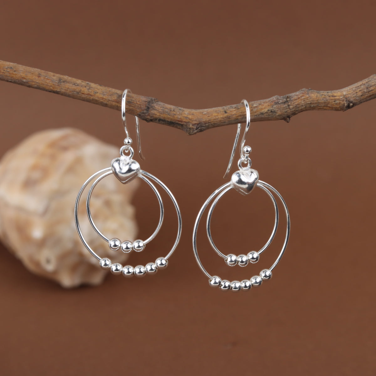 925 Sterling Silver Double Hoop Beaded Heart Drop Earrings for Women