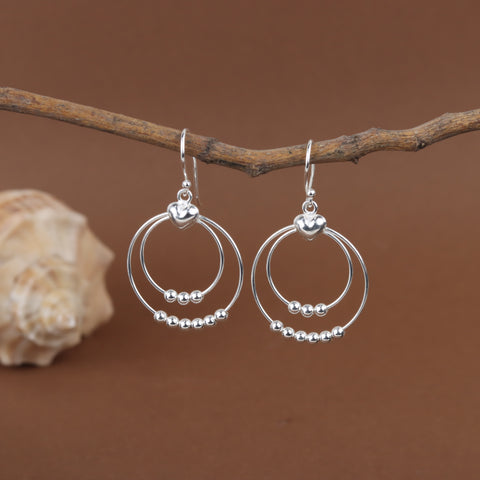 925 Sterling Silver Double Hoop Beaded Heart Drop Earrings for Women