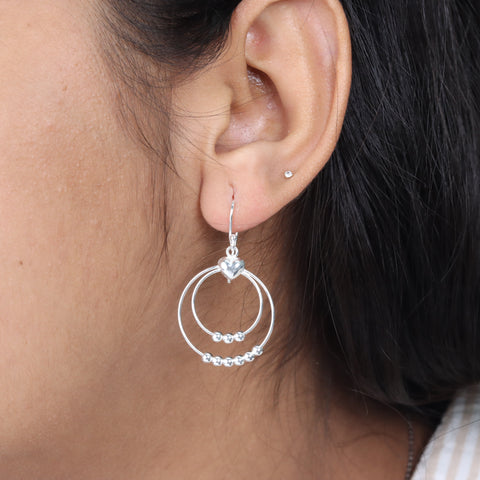 925 Sterling Silver Double Hoop Beaded Heart Drop Earrings for Women