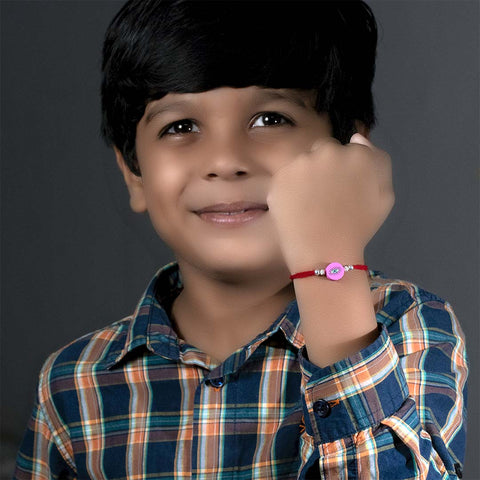 Pink Round Shape Evil Eye With Silver Beads Children Rakhi