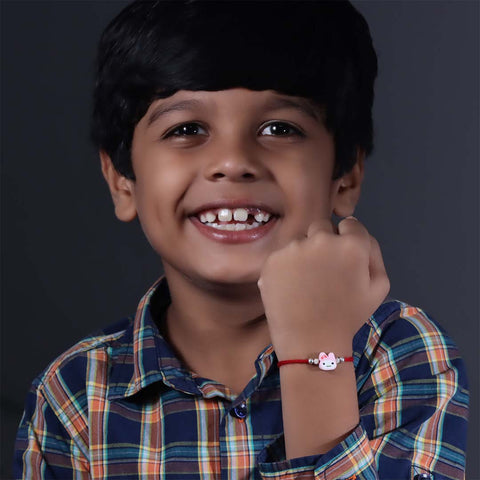 Lucky Cat With Silver Beads Kids Rakhi