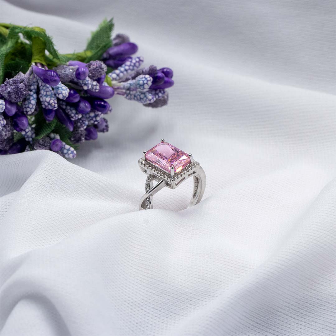 Silver pink sapphire infinity diamond ring