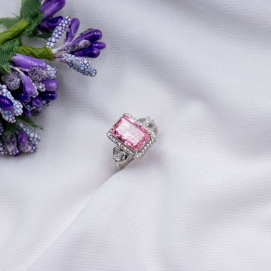 silver pink sapphire hearts diamonds ring