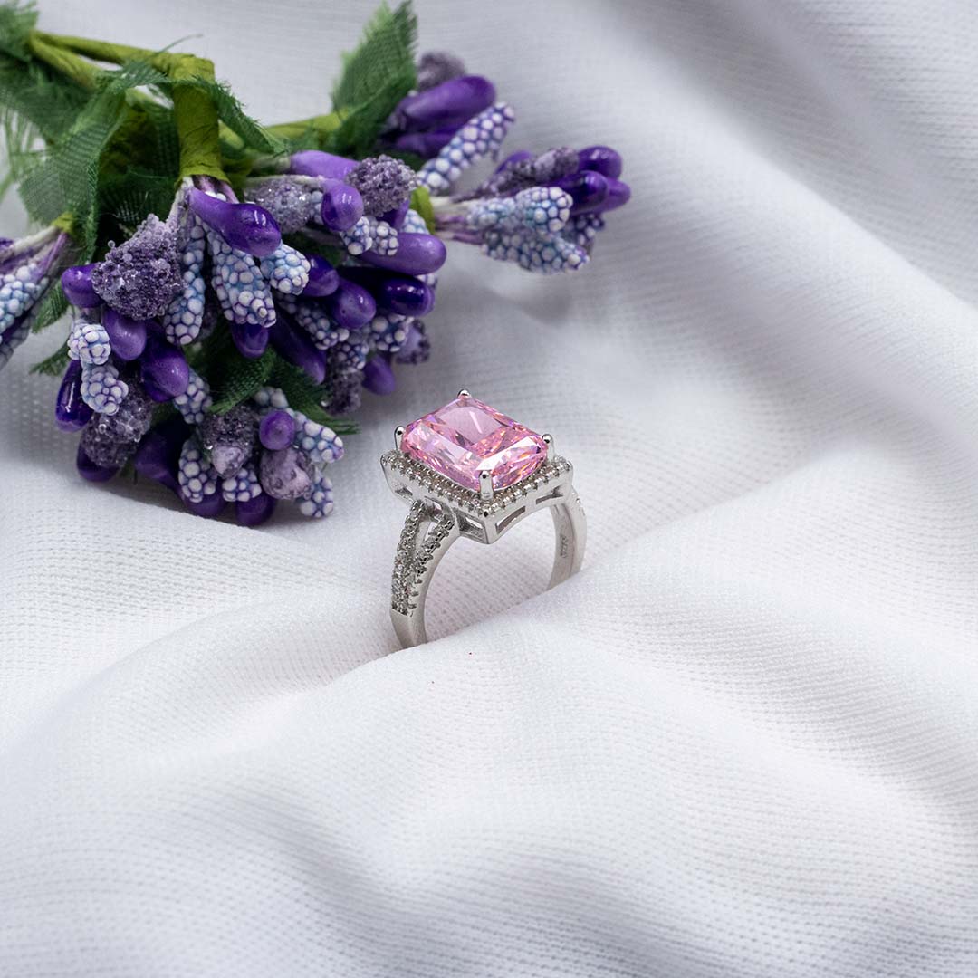 Silver Pink Sapphire V Shape Ring