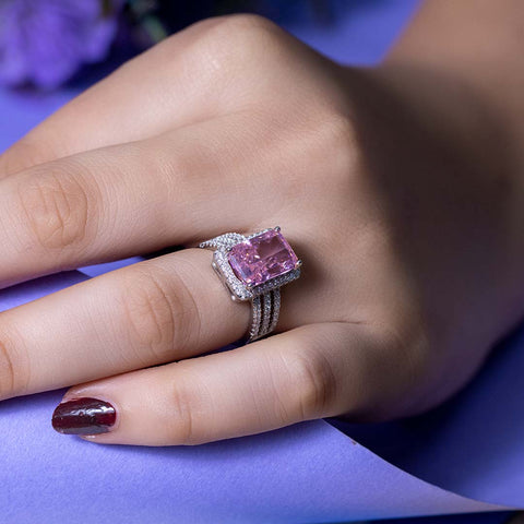 Silver pink sapphire three layers diamonds ring