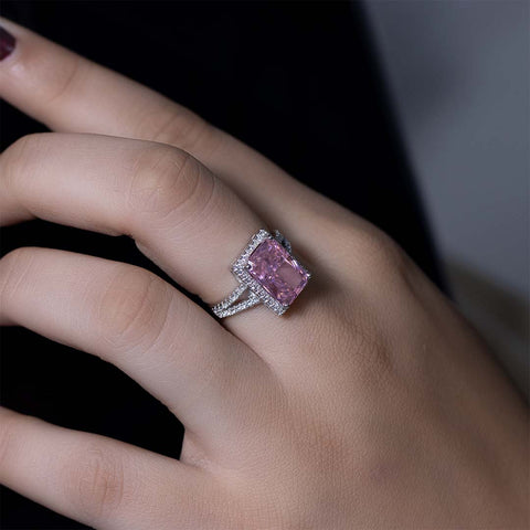 Silver pink sapphire v shape diamond ring