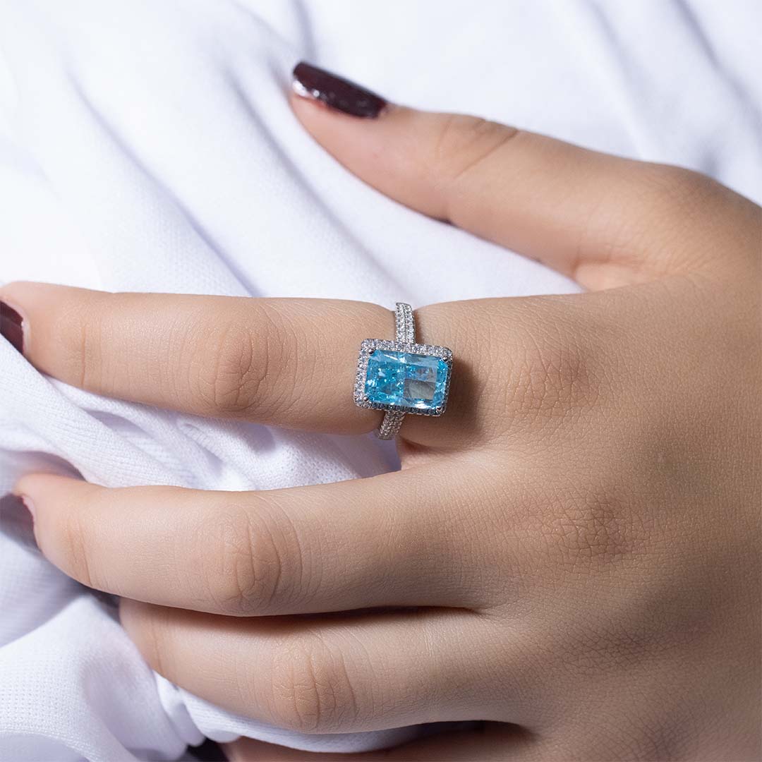 Silver blue sapphire square bar diamond ring