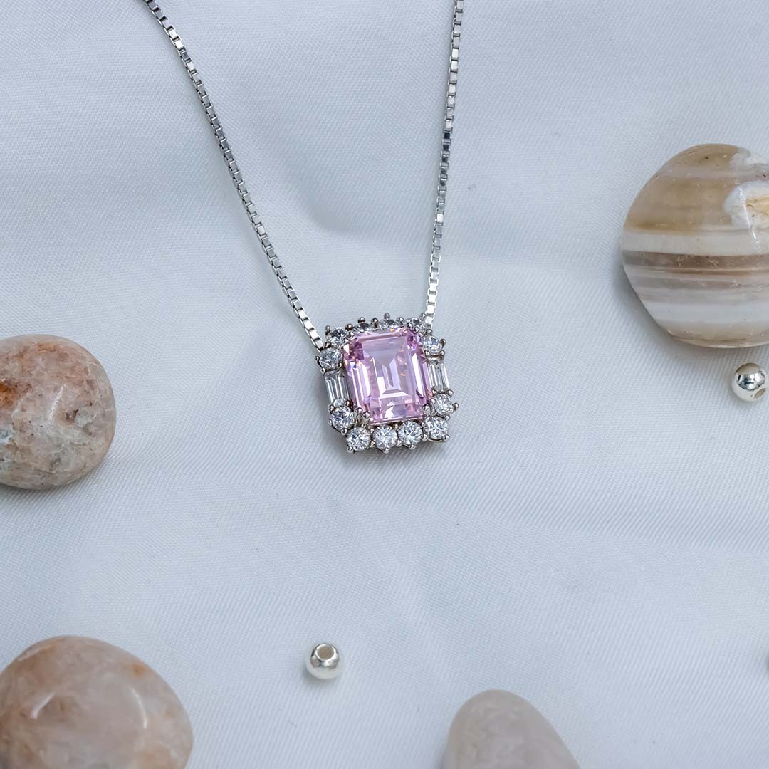 Silver square emerald cut pink sapphire diamond pendant with chain