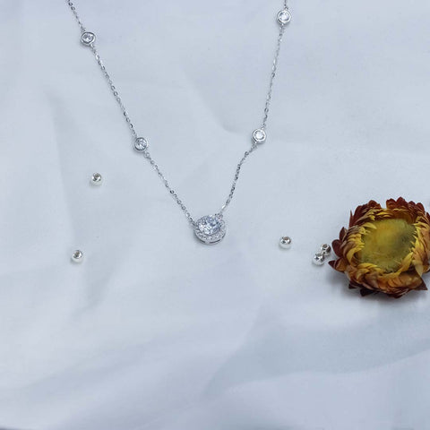Silver round stone diamond pendant with chain