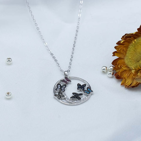 Round shape diamond with six butterfly pendant with chain